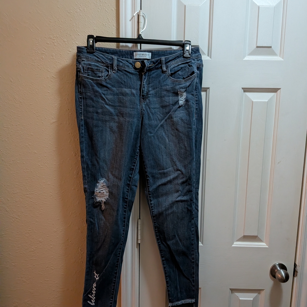 Lane Bryant Dark Wash Skinny Jeans with Distressed Detail - Blue